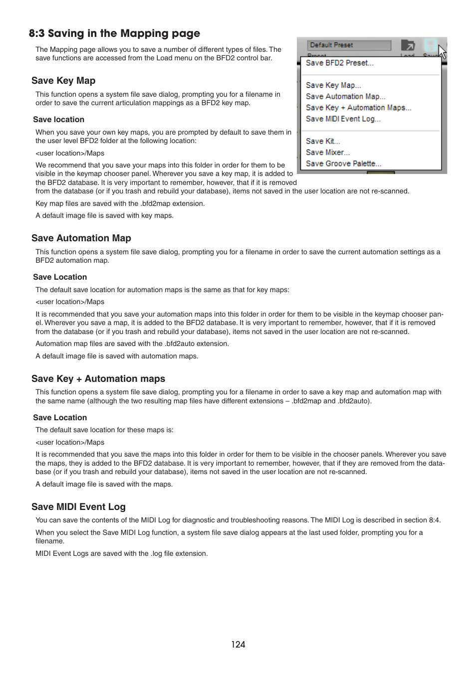 Save key map, Save automation map, Save key + automation maps | Save midi event log, 3 saving in the mapping page | FXpansion BFD2 Manual User Manual | Page 124 / 180