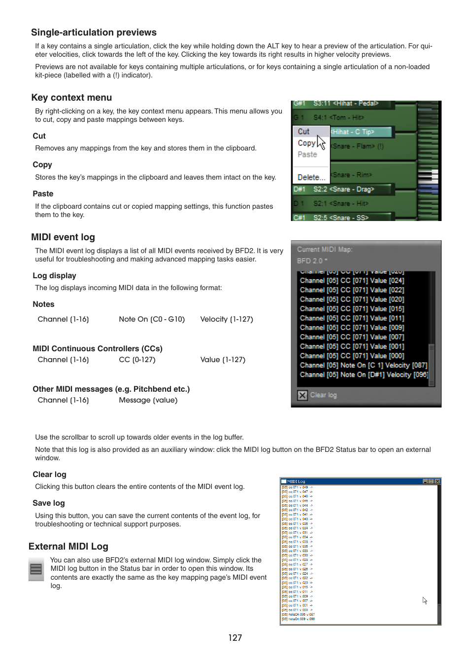 Single-articulation previews, Key context menu, Midi event log | External midi log | FXpansion BFD2 Manual User Manual | Page 127 / 180