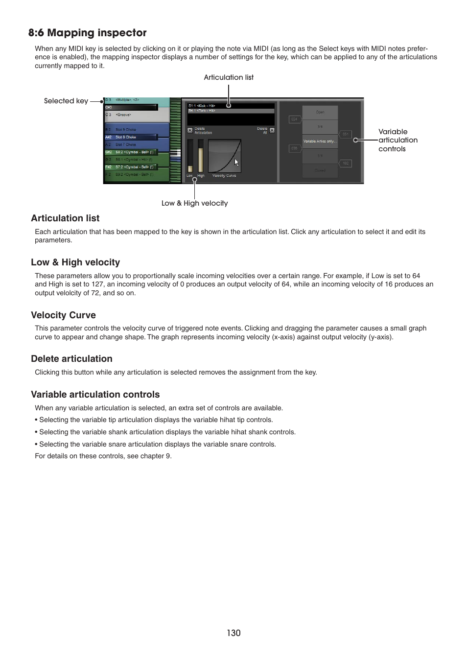 6 mapping inspector, Articulation list, Low & high velocity | Velocity curve, Delete articulation, Variable articulation controls | FXpansion BFD2 Manual User Manual | Page 130 / 180