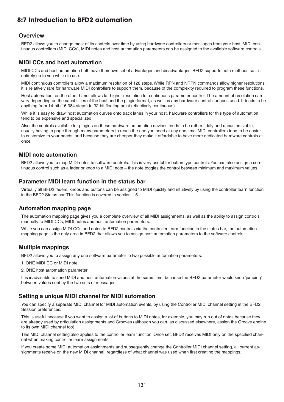 7 introduction to bfd2 automation, Overview, Midi ccs and host automation | Midi note automation, Parameter midi learn function in the status bar, Multiple mappings, Setting a unique midi channel for midi automation | FXpansion BFD2 Manual User Manual | Page 131 / 180