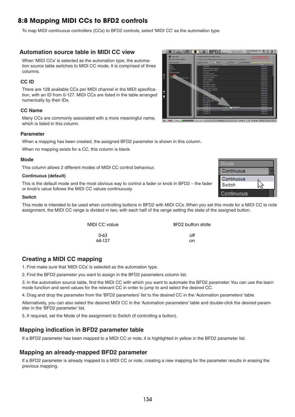8 mapping midi ccs to bfd2 controls, Automation source table in midi cc view, Mapping indication in bfd2 parameter table | Mapping an already-mapped bfd2 parameter, Creating a midi cc mapping | FXpansion BFD2 Manual User Manual | Page 134 / 180