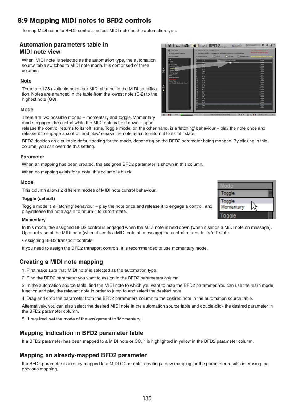 9 mapping midi notes to bfd2 controls, Automation parameters table in midi note view, Creating a midi note mapping | Mapping indication in bfd2 parameter table, Mapping an already-mapped bfd2 parameter | FXpansion BFD2 Manual User Manual | Page 135 / 180