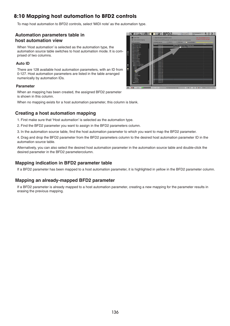 10 mapping host automation to bfd2 controls, Creating a host automation mapping, Mapping indication in bfd2 parameter table | Mapping an already-mapped bfd2 parameter | FXpansion BFD2 Manual User Manual | Page 136 / 180