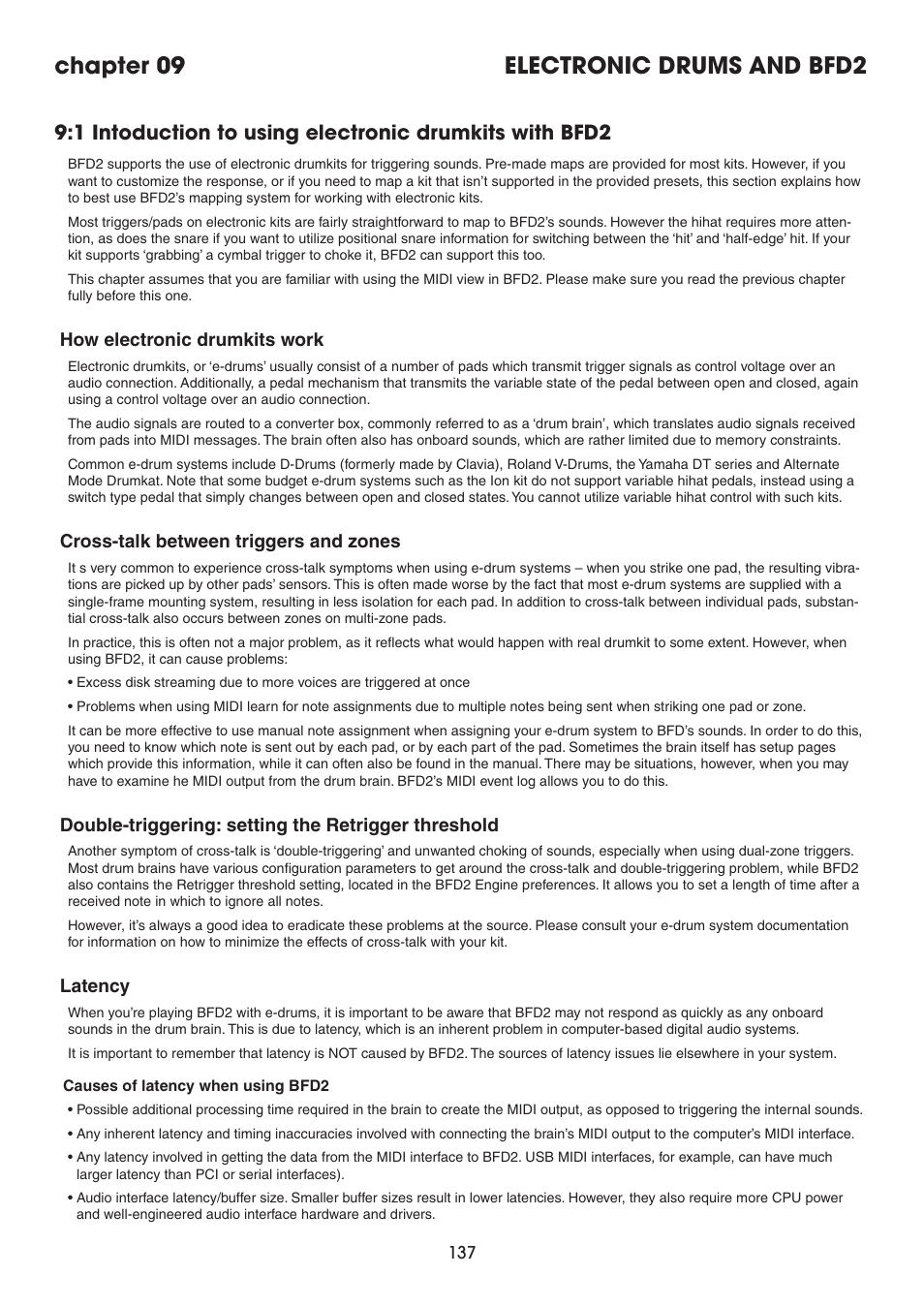 Chapter 09: electronic drums and bfd2, 1 intoduction to using electronic kits with bfd2, How electronic drumkits work | Cross-talk between triggers and zones, Double-triggering: setting the retrigger threshold, Latency, Chapter 09: electronic drums & bfd2, Chapter 09 electronic drums and bfd2 | FXpansion BFD2 Manual User Manual | Page 137 / 180