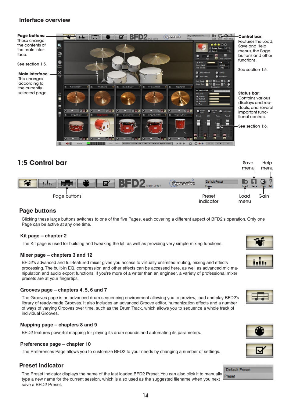 Interface overview, 5 control bar, Preset indicator | Page buttons | FXpansion BFD2 Manual User Manual | Page 14 / 180