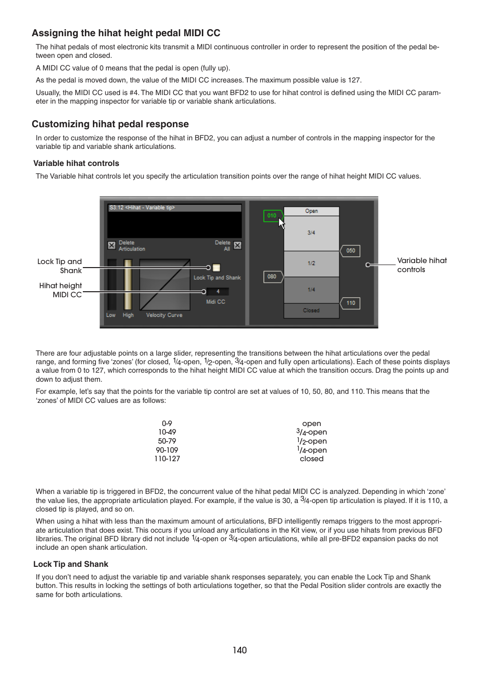 Assigning the hihat height pedal midi cc, Customizing hihat pedal response | FXpansion BFD2 Manual User Manual | Page 140 / 180