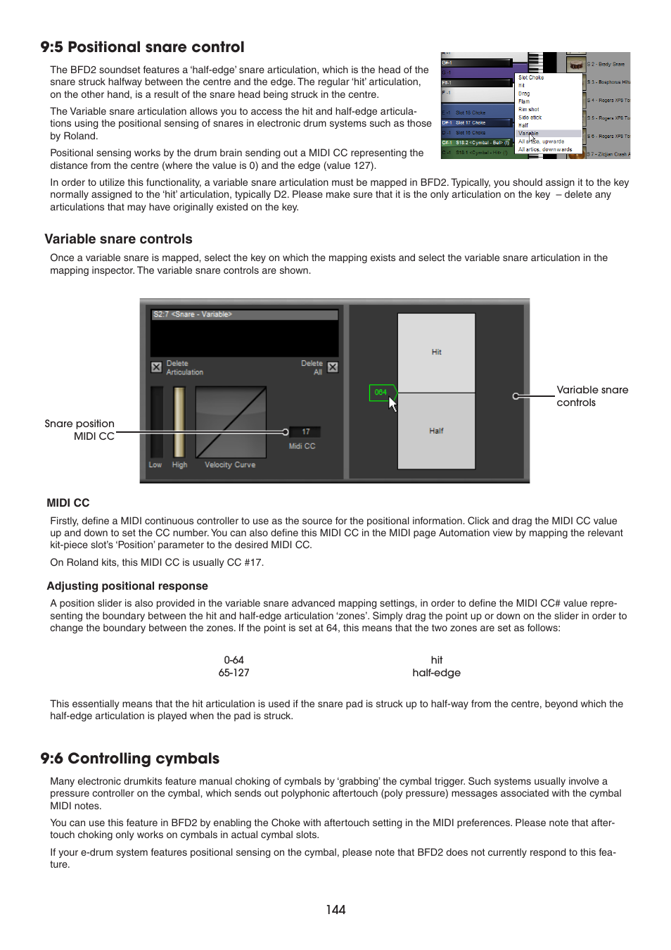 5 positional snare control, Variable snare controls, 6 controlling cymbals | FXpansion BFD2 Manual User Manual | Page 144 / 180