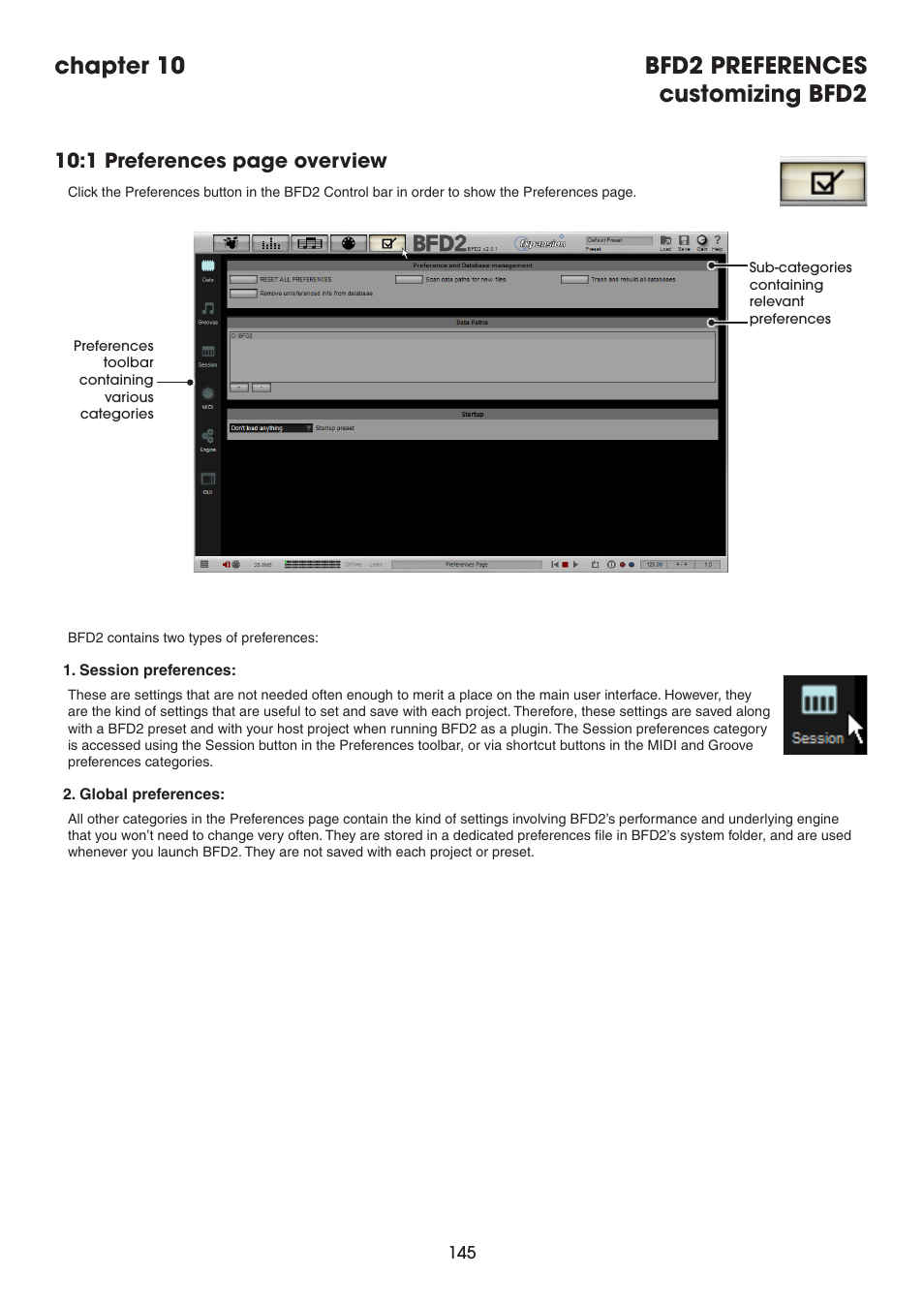 Chapter 10: bfd2 preferences - customizing bfd2, Chapter 10: bfd2 preferences, Customizing bfd2 | Chapter 10 bfd2 preferences customizing bfd2, 1 preferences page overview | FXpansion BFD2 Manual User Manual | Page 145 / 180