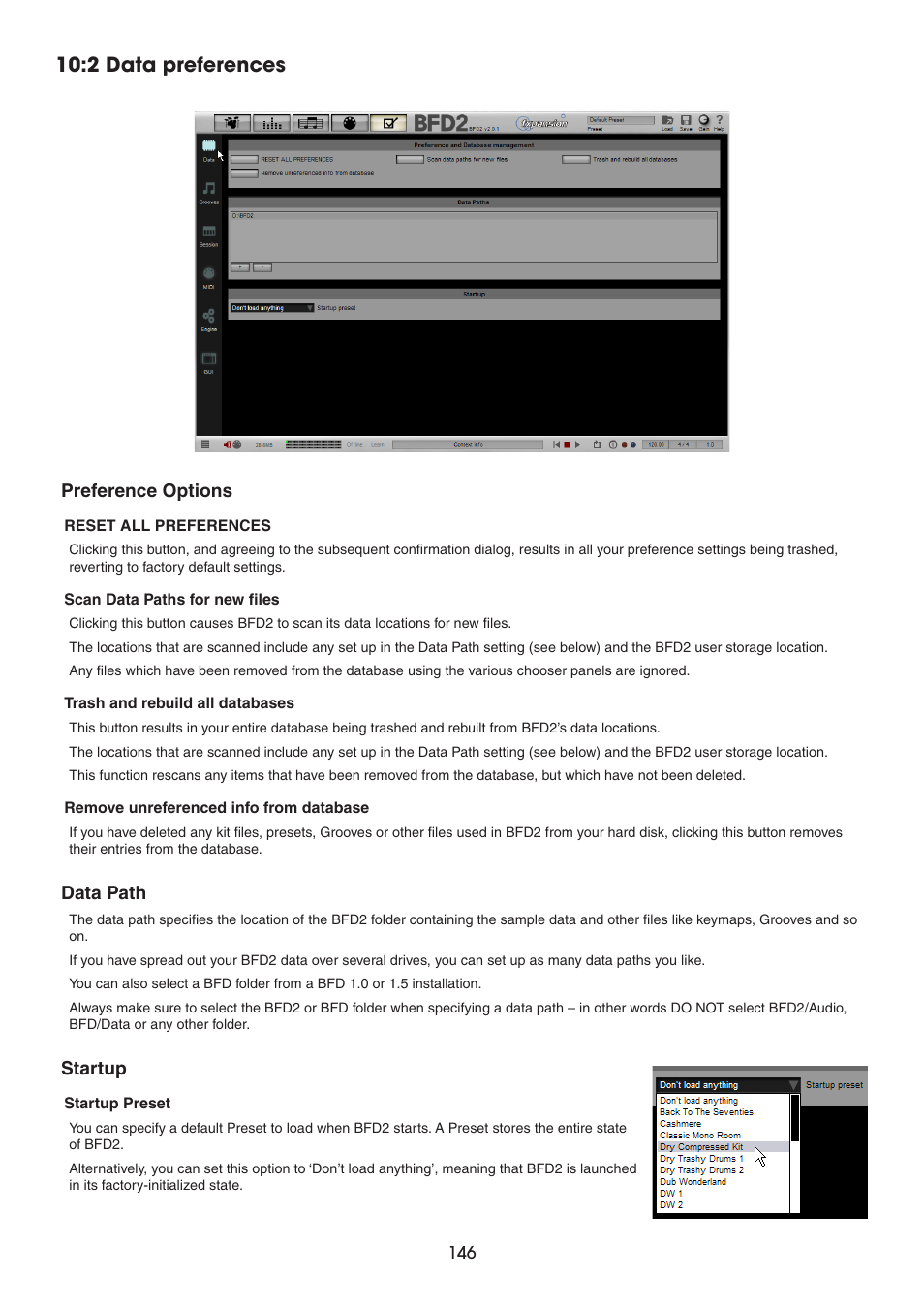 2 data preferences, Preference options, Data path | Startup | FXpansion BFD2 Manual User Manual | Page 146 / 180
