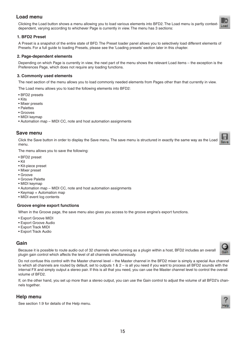 Load menu, Save menu, Gain | Help menu | FXpansion BFD2 Manual User Manual | Page 15 / 180