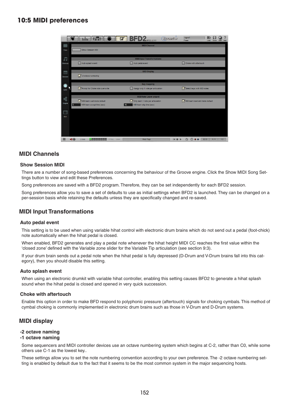 5 midi preferences, Midi channels, Midi input transformations | Midi display | FXpansion BFD2 Manual User Manual | Page 152 / 180