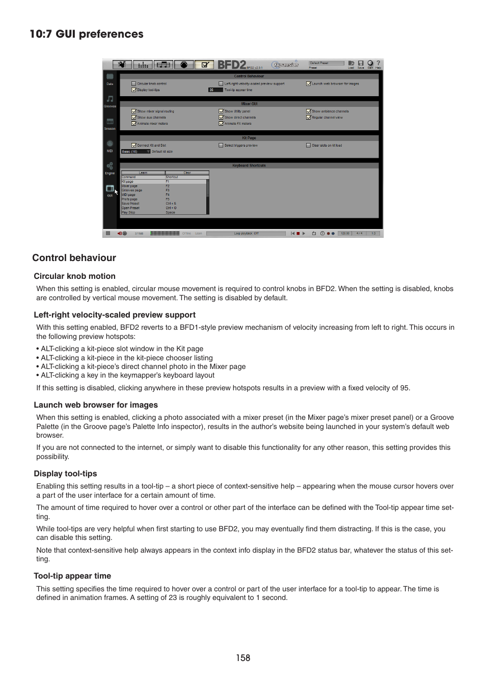 7 gui preferences, Control behaviour | FXpansion BFD2 Manual User Manual | Page 158 / 180