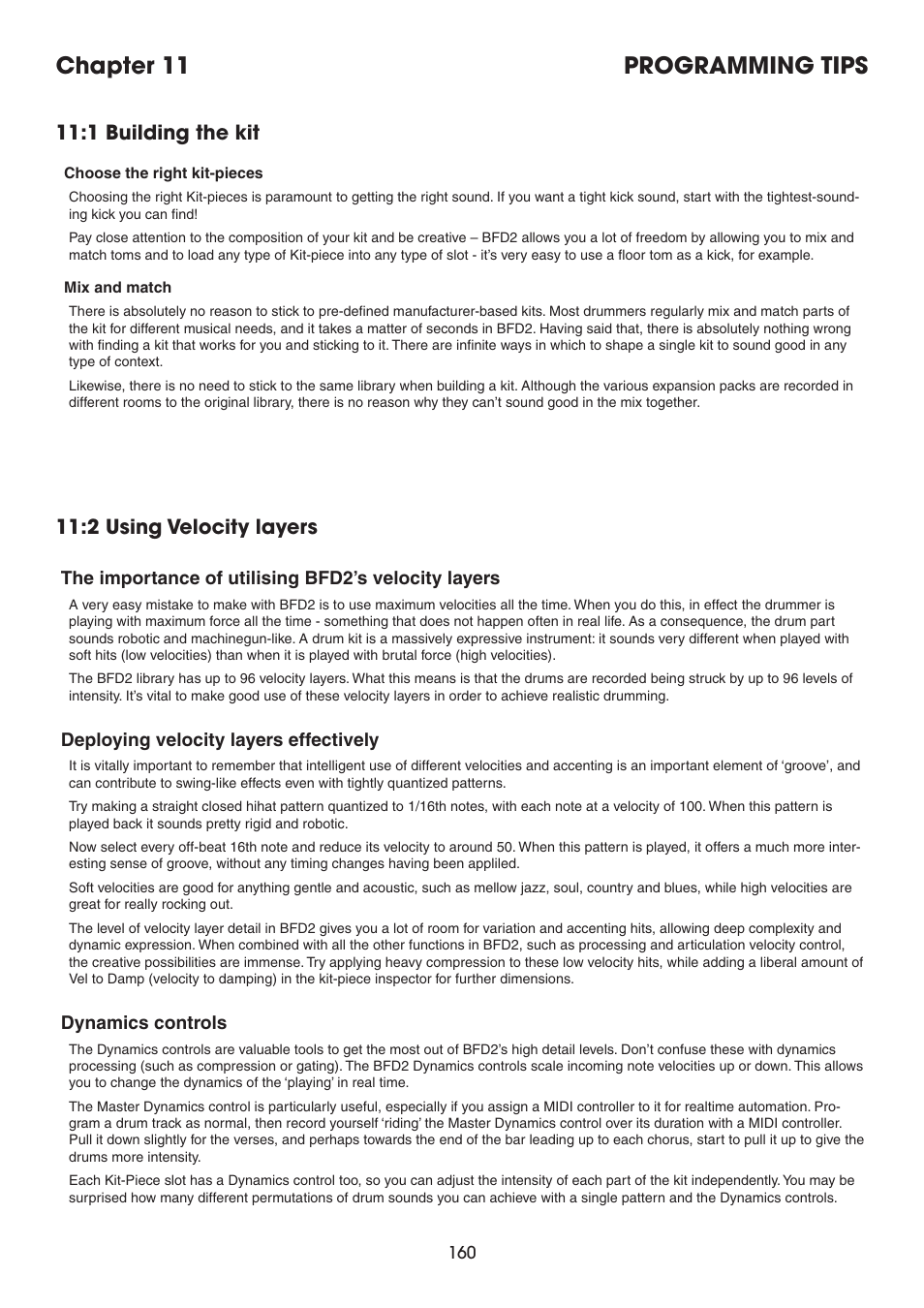 Chapter 11: programming tips, 1 building the kit, 2 using velocity layers | The importance of utilising bfd2’s velocity layers, Deploying velocity layers effectively, Dynamics controls, Chapter 11 programming tips | FXpansion BFD2 Manual User Manual | Page 160 / 180