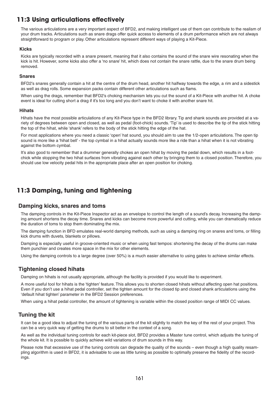 3 using articulations effectively, 3 damping, tuning and tightening, Damping kicks, snares and toms | Tightening closed hihats, Tuning the kit | FXpansion BFD2 Manual User Manual | Page 161 / 180