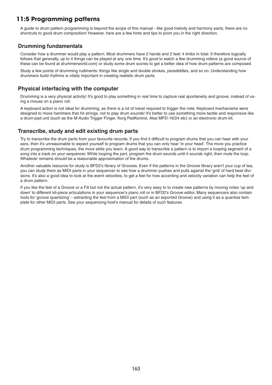 5 programming patterns, Drumming fundamentals, Transcribe, study and edit existing drum parts | Physical interfacing with the computer | FXpansion BFD2 Manual User Manual | Page 163 / 180