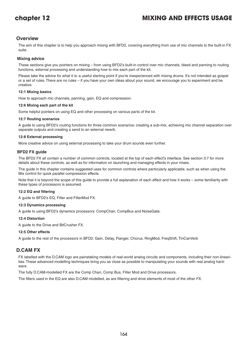 Chapter 12: mixing and effects usage, Overview, D.cam fx | Chapter 12 mixing and effects usage | FXpansion BFD2 Manual User Manual | Page 164 / 180