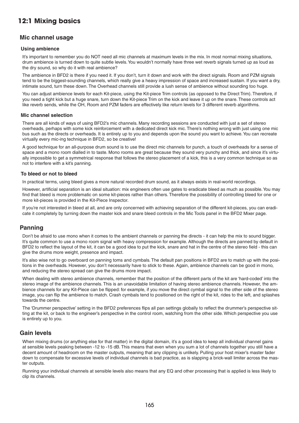 1 mixing basics, Mic channel usage, Panning | Gain levels | FXpansion BFD2 Manual User Manual | Page 165 / 180