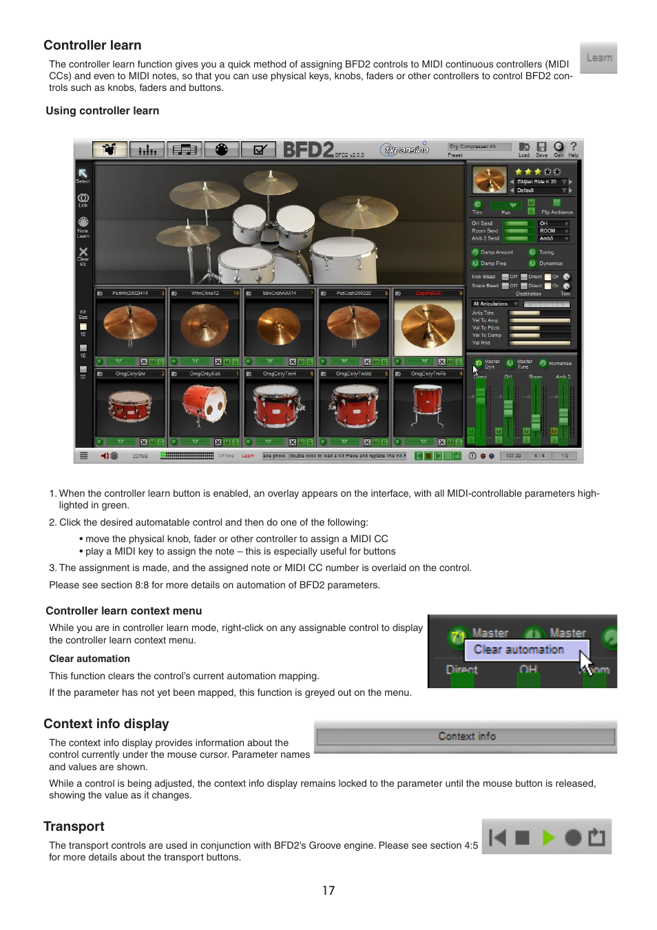 Controller learn, Context info display, Transport | FXpansion BFD2 Manual User Manual | Page 17 / 180