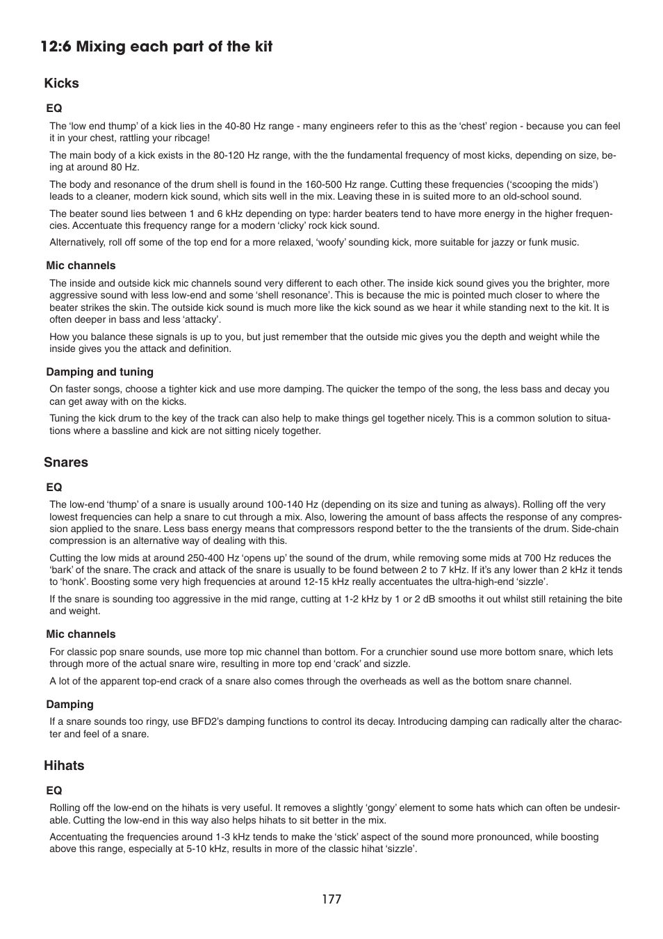 6 mixing each part of the kit, Kicks, Snares | Hihats | FXpansion BFD2 Manual User Manual | Page 177 / 180