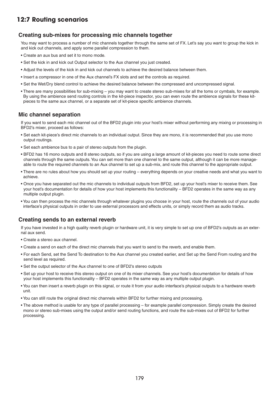7 routing scenarios, Mic channel separation, Creating sends to an external reverb | Creating sub-mixes for processing mic channels, Together | FXpansion BFD2 Manual User Manual | Page 179 / 180