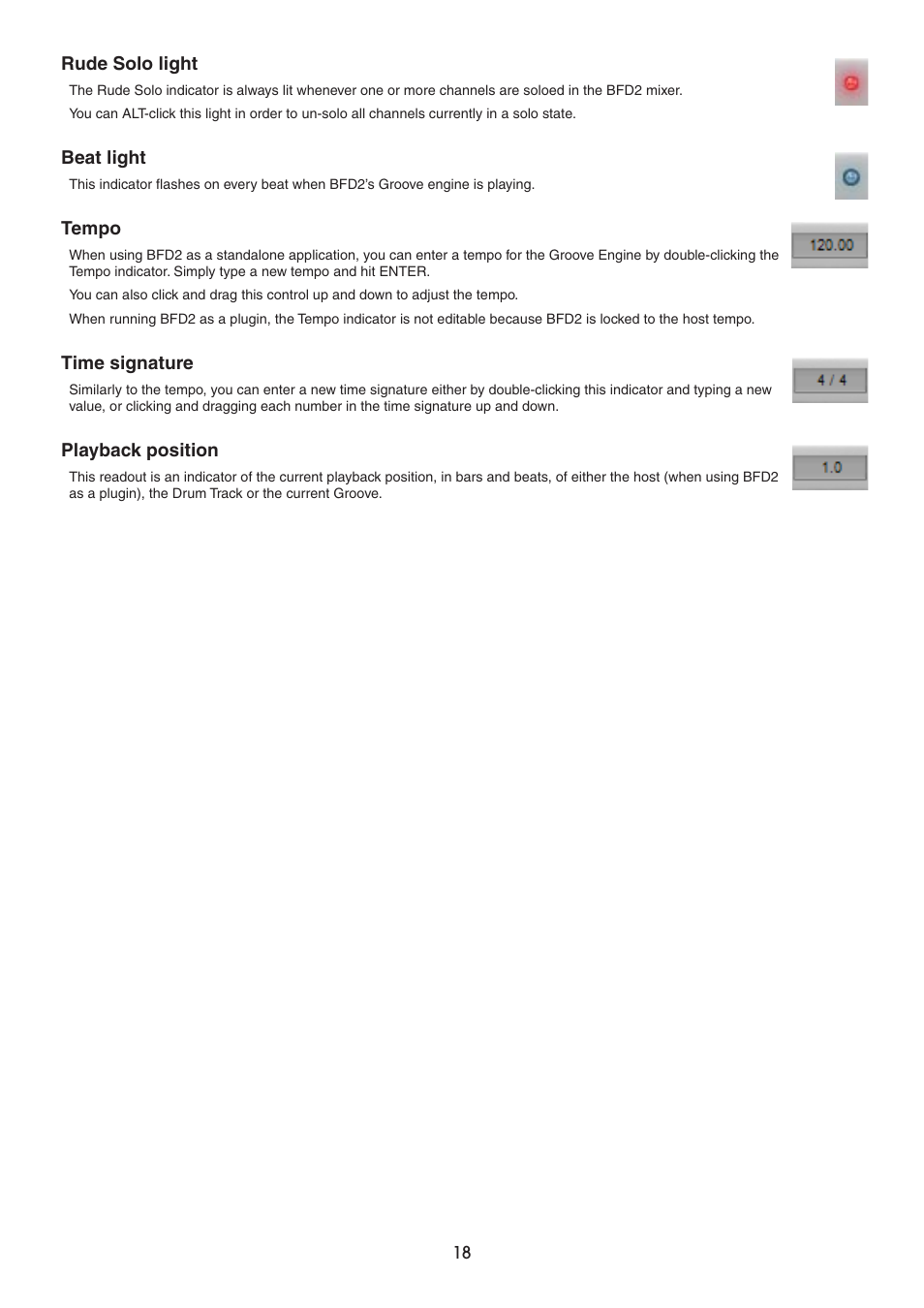 Rude solo light, Beat light, Tempo | Time signature, Playback position | FXpansion BFD2 Manual User Manual | Page 18 / 180