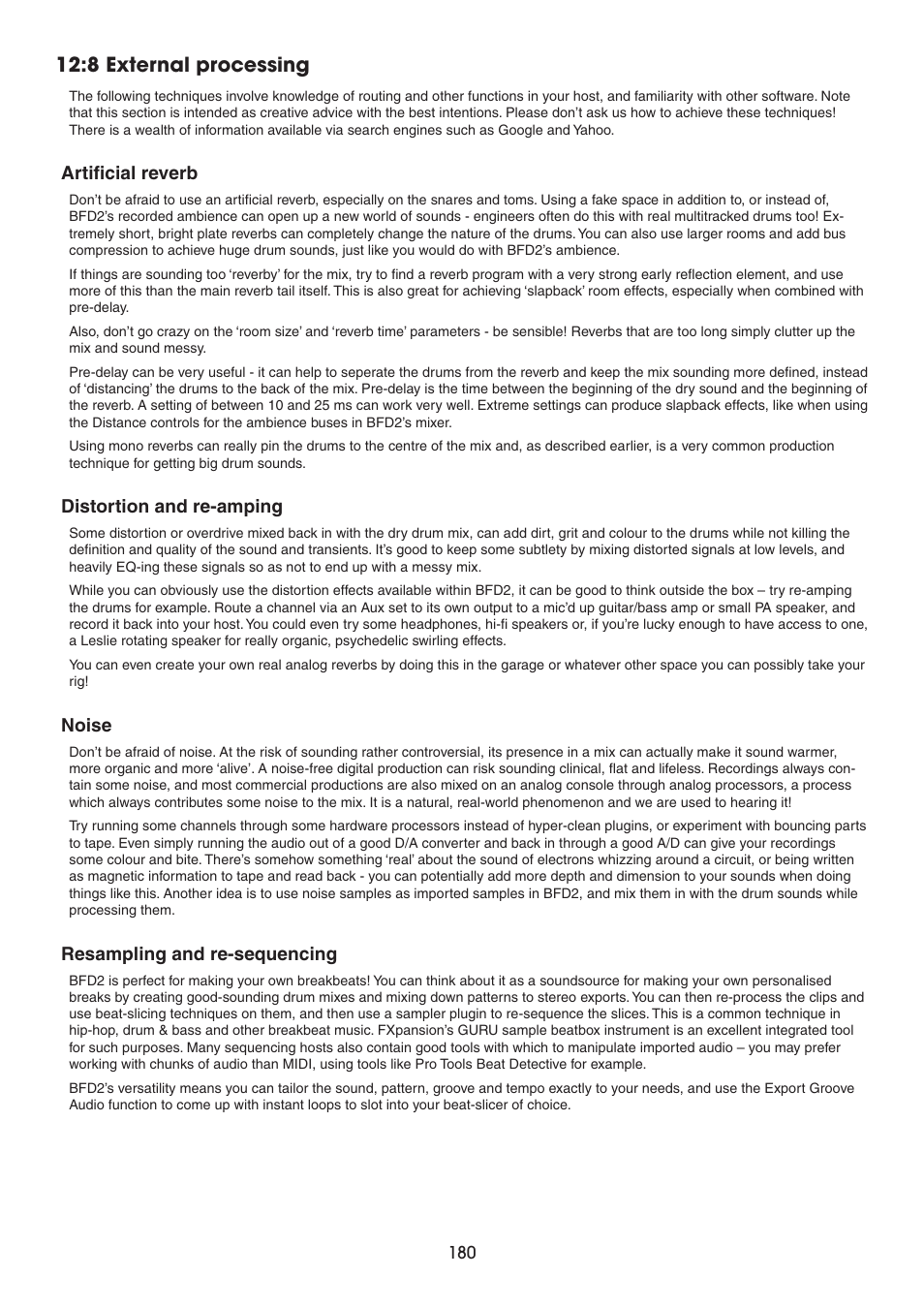 8 external processing, Artificial reverb, Distortion and re-amping | Noise, Resampling and re-sequencing | FXpansion BFD2 Manual User Manual | Page 180 / 180