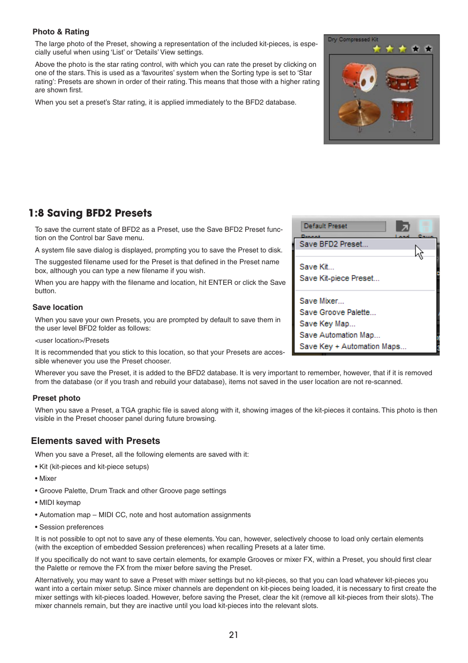 8 saving bfd2 presets, Elements saved with presets | FXpansion BFD2 Manual User Manual | Page 21 / 180