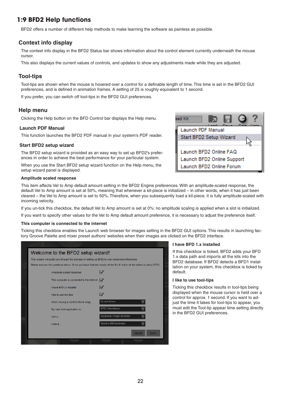 9 bfd2 help functions, Context info display, Tool-tips | Help menu | FXpansion BFD2 Manual User Manual | Page 22 / 180