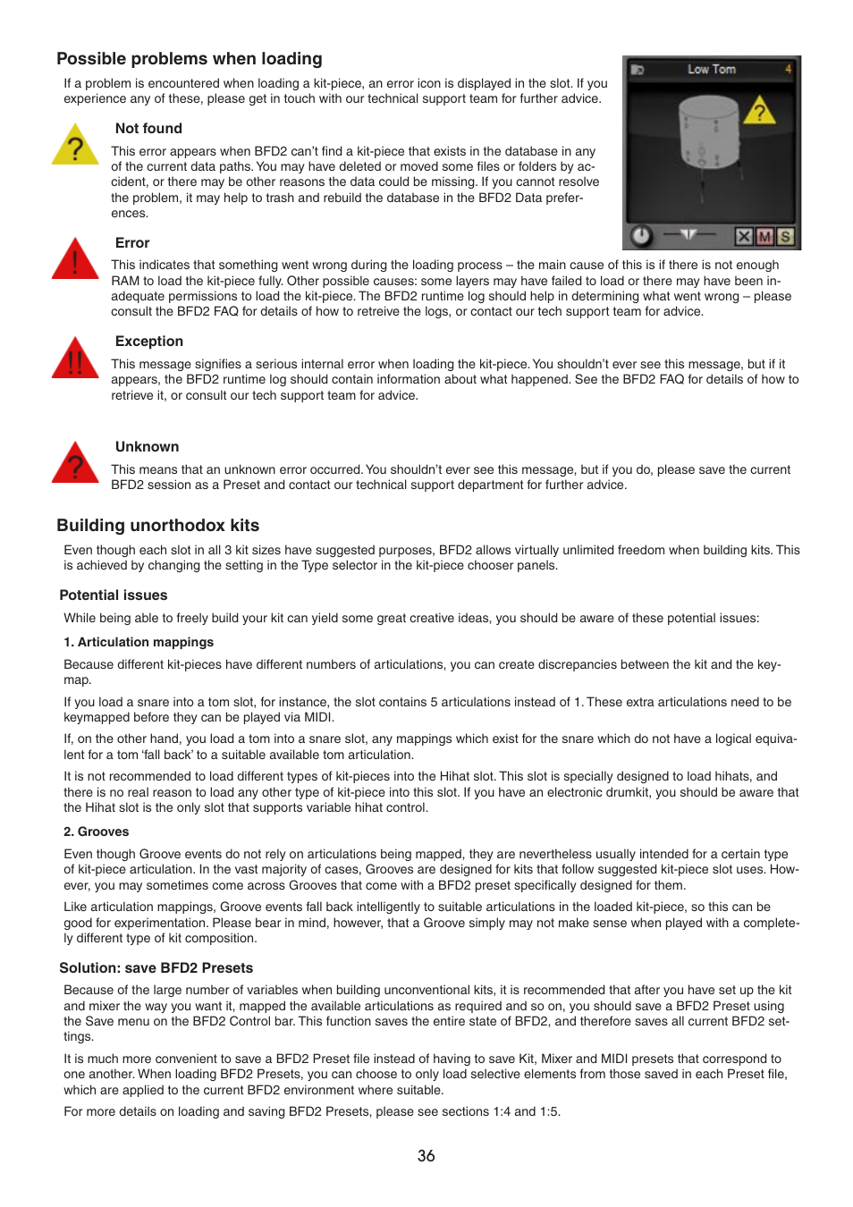 Possible problems when loading, Building unorthodox kits | FXpansion BFD2 Manual User Manual | Page 36 / 180