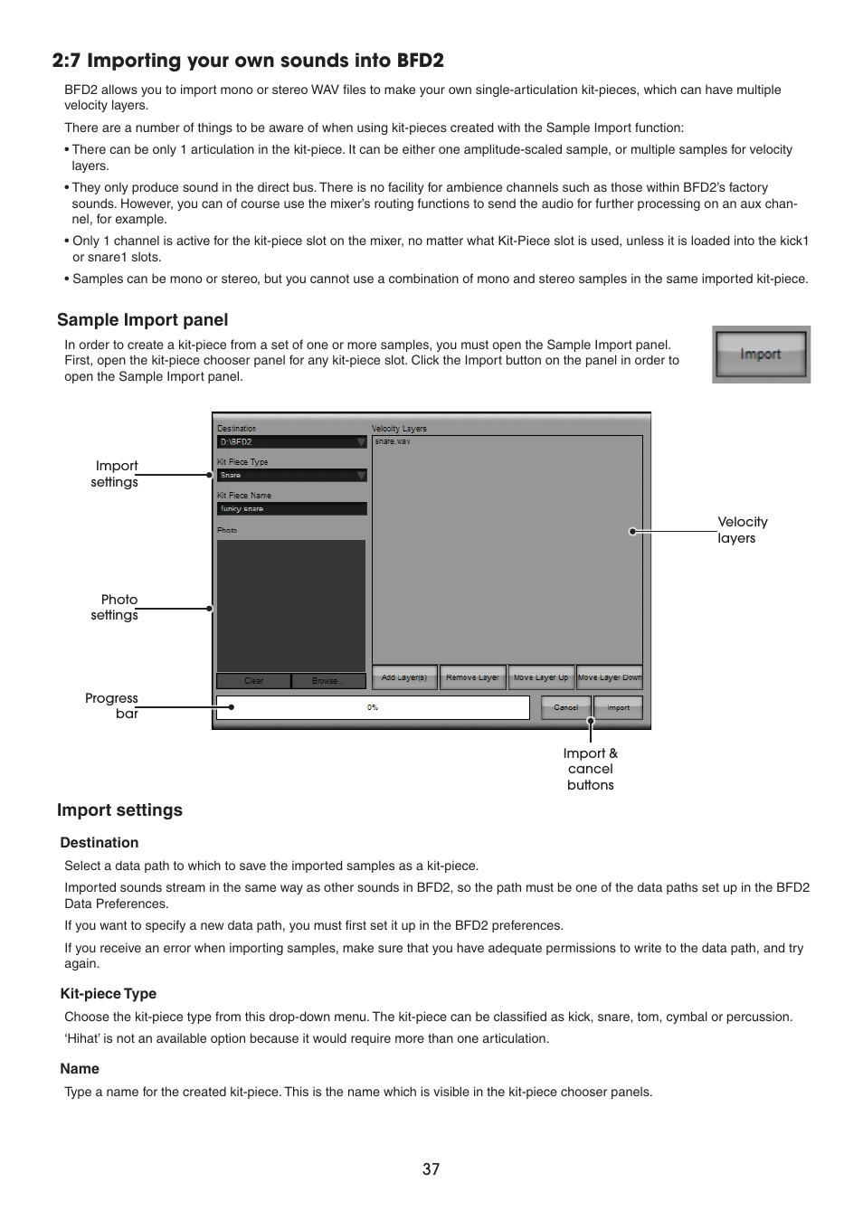 7 importing your own sounds into bfd2, Sample import panel, Import settings | FXpansion BFD2 Manual User Manual | Page 37 / 180