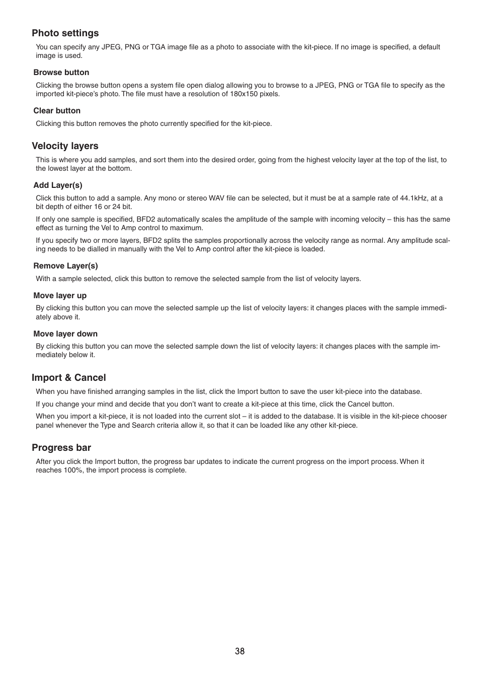 Photo settings, Velocity layers, Import & cancel | Progress bar | FXpansion BFD2 Manual User Manual | Page 38 / 180