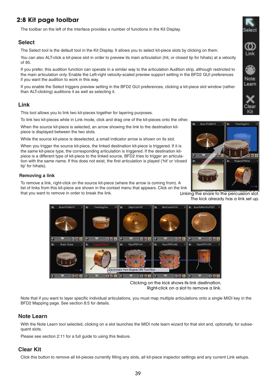 Select, Link, Note learn | Clear kit, 8 kit page toolbar | FXpansion BFD2 Manual User Manual | Page 39 / 180