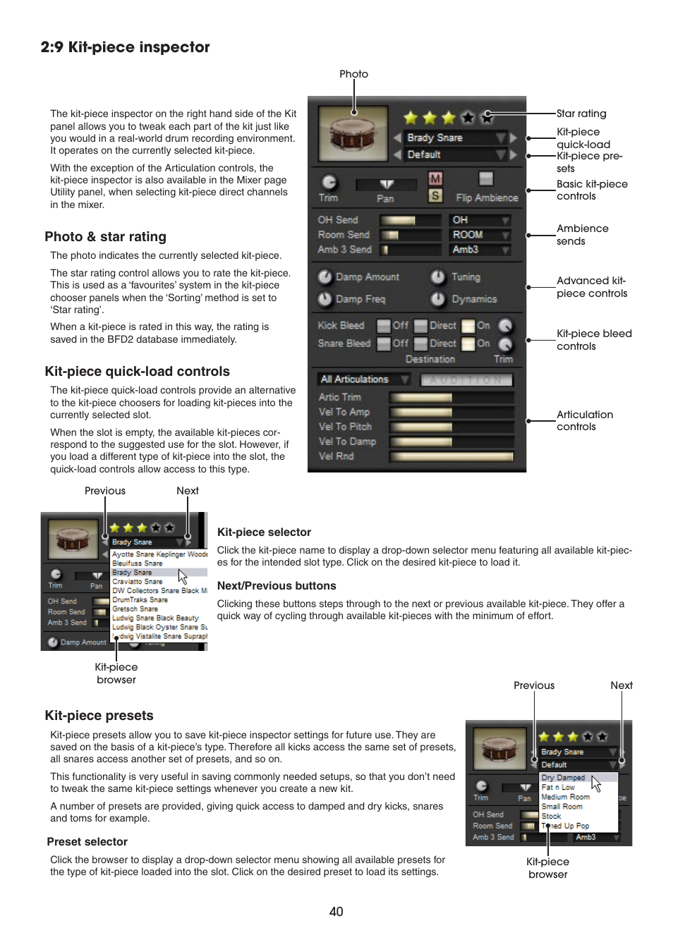 9 kit-piece inspector, Kit-piece presets, Kit-piece quick-load controls | Photo & star rating | FXpansion BFD2 Manual User Manual | Page 40 / 180