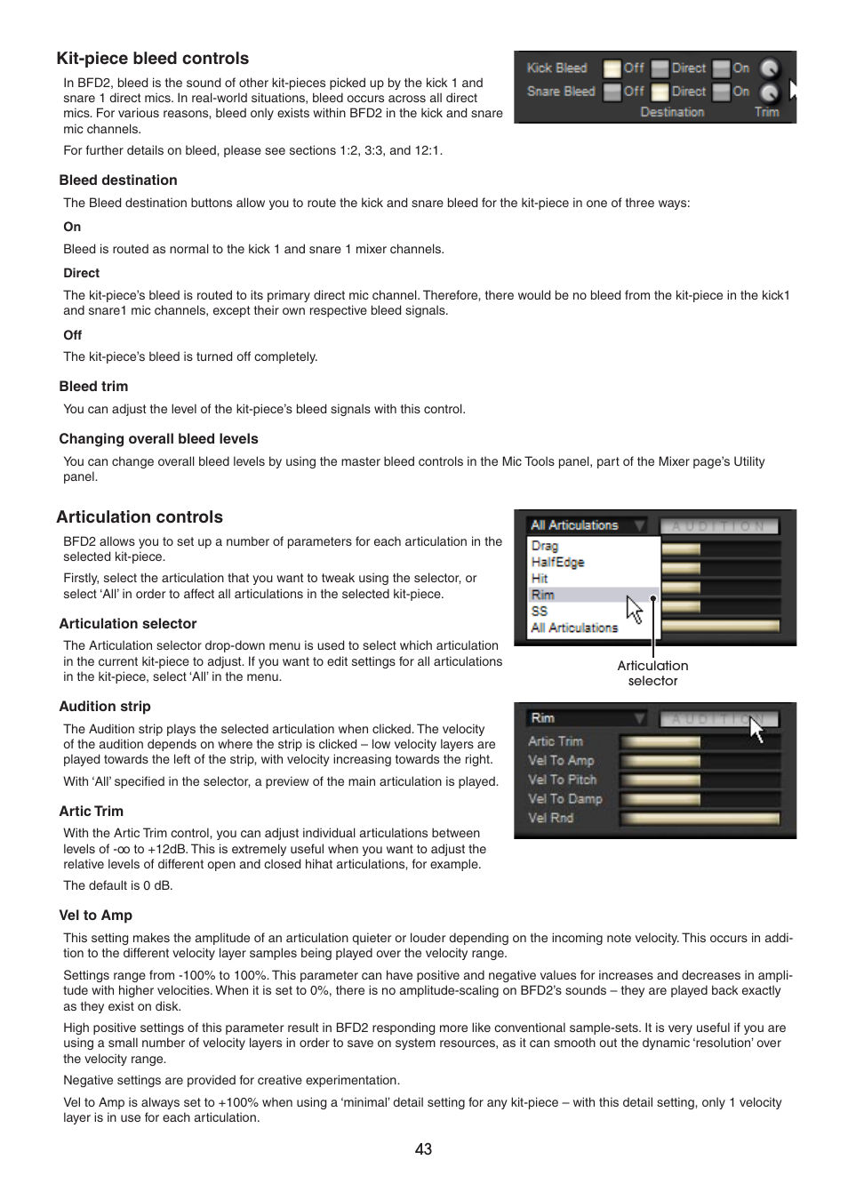 Articulation controls, Kit-piece bleed controls | FXpansion BFD2 Manual User Manual | Page 43 / 180