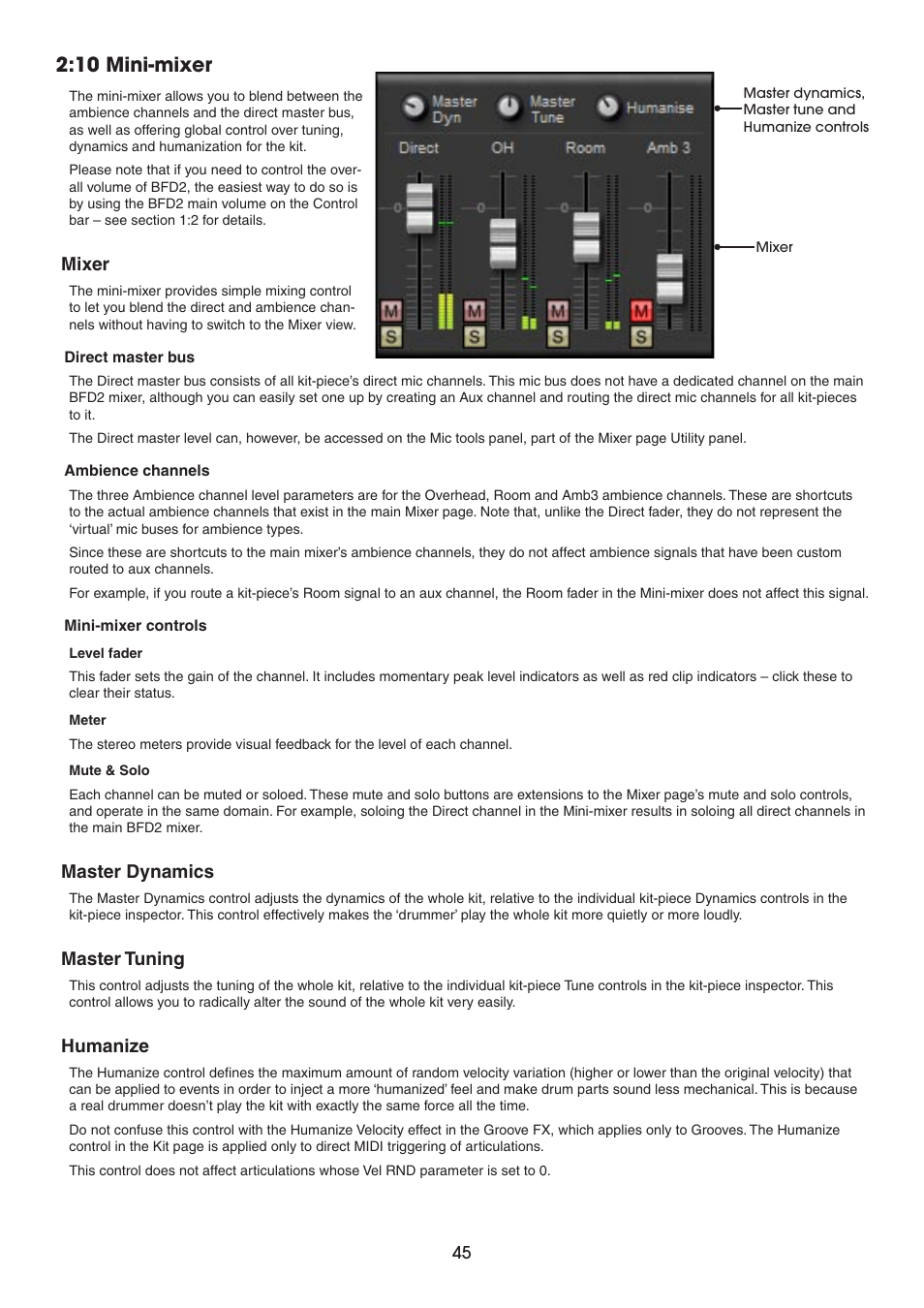 10 mini-mixer, Mixer, Master dynamics | Master tuning, Humanize | FXpansion BFD2 Manual User Manual | Page 45 / 180