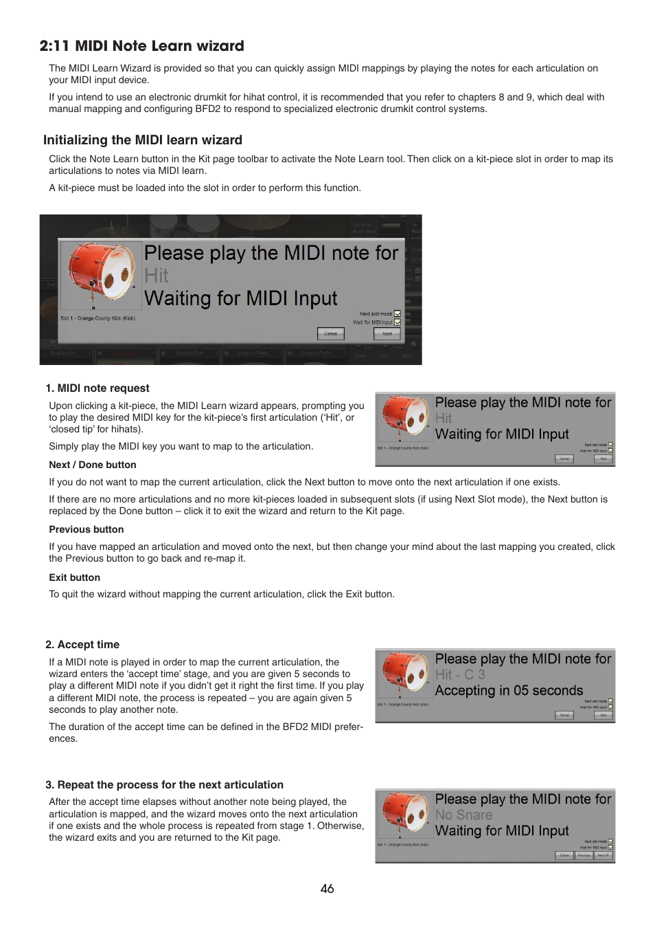 11 midi note learn wizard, Initializing the midi learn wizard | FXpansion BFD2 Manual User Manual | Page 46 / 180