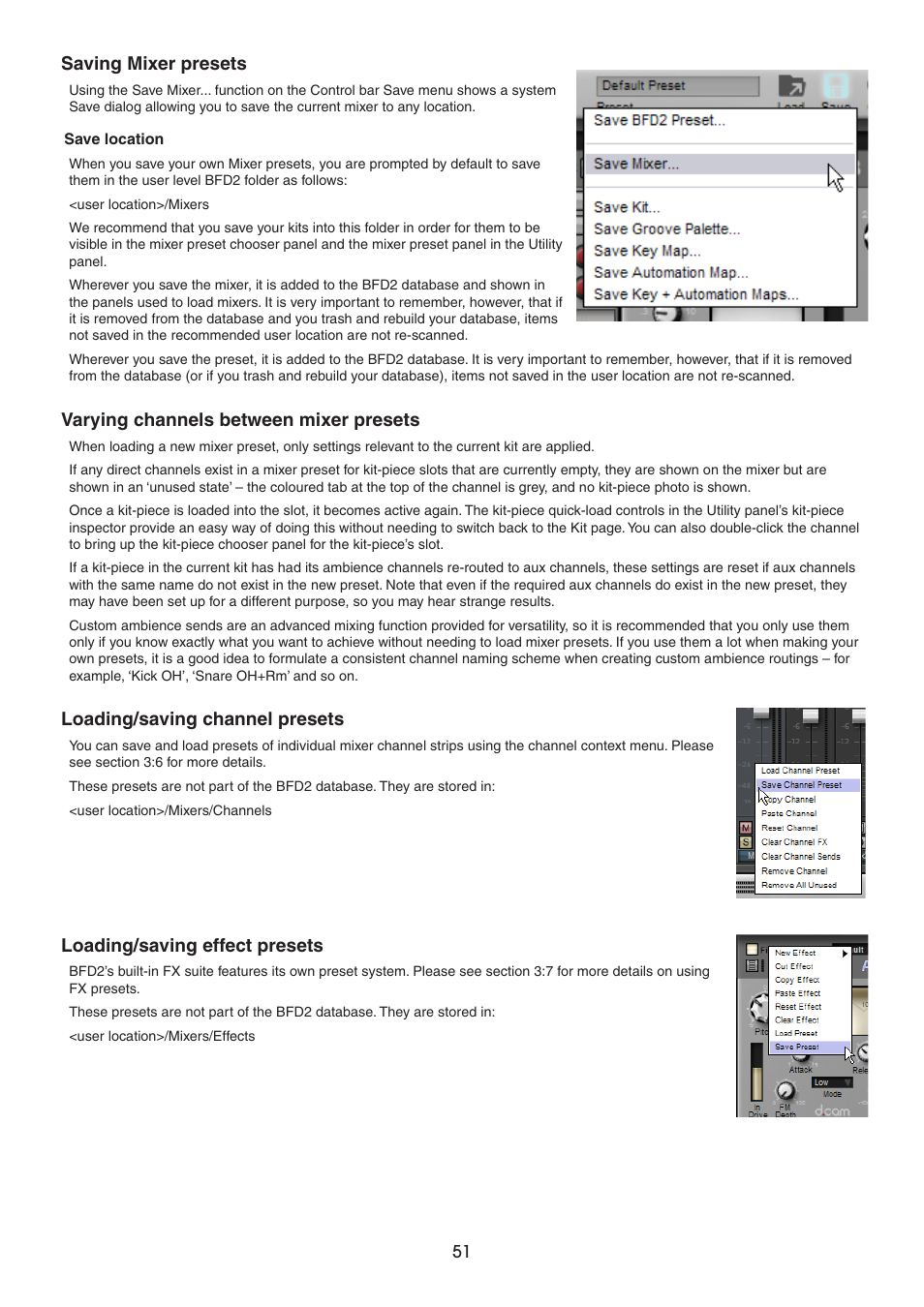 Saving mixer presets, Varying channels between mixer presets, Loading/saving channel presets | Loading/saving effect presets | FXpansion BFD2 Manual User Manual | Page 51 / 180