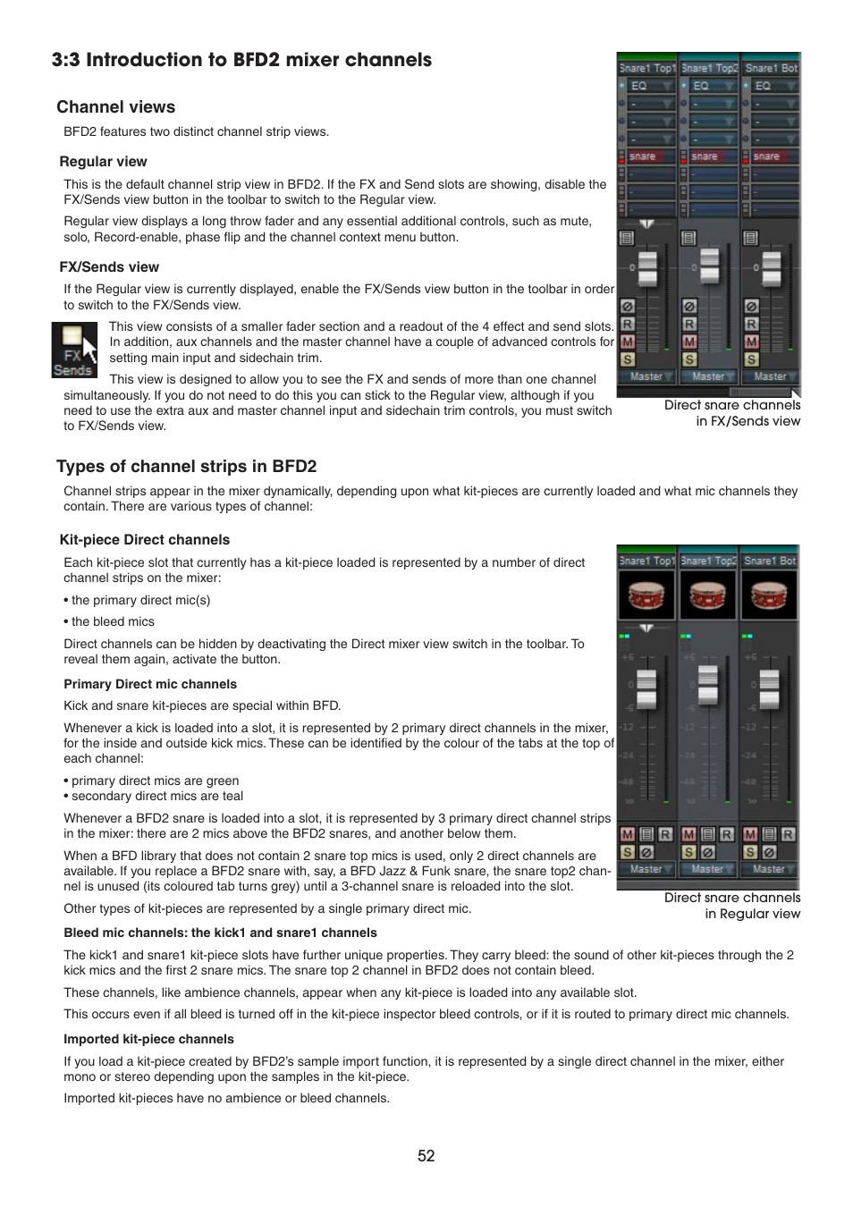 3 introduction to bfd2 mixer channels, Channel views, Types of channel strips in bfd2 | FXpansion BFD2 Manual User Manual | Page 52 / 180