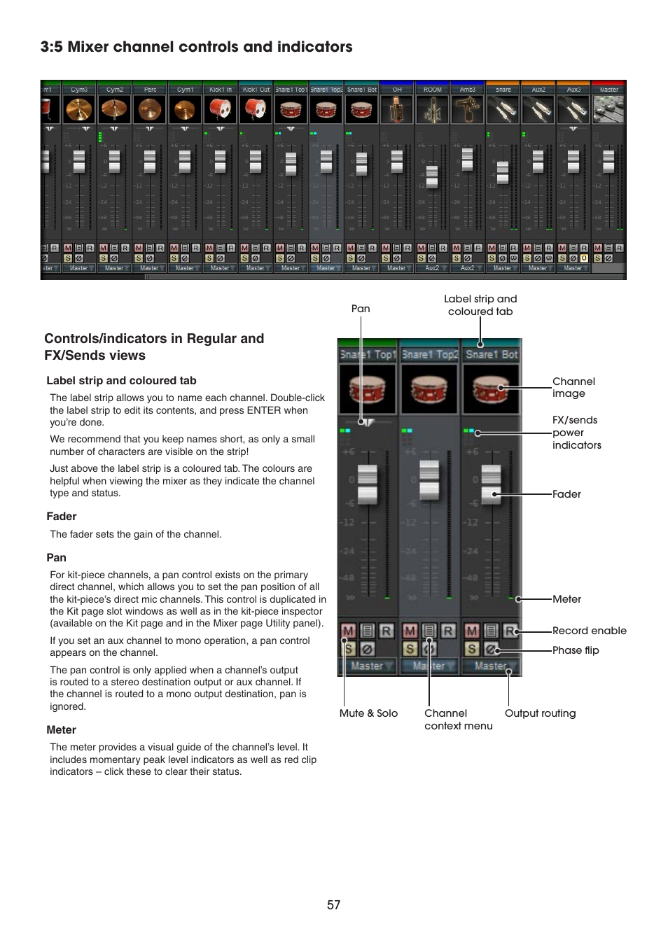 5 mixer channel controls and indicators, Controls/indicators in regular and fx/sends views | FXpansion BFD2 Manual User Manual | Page 57 / 180