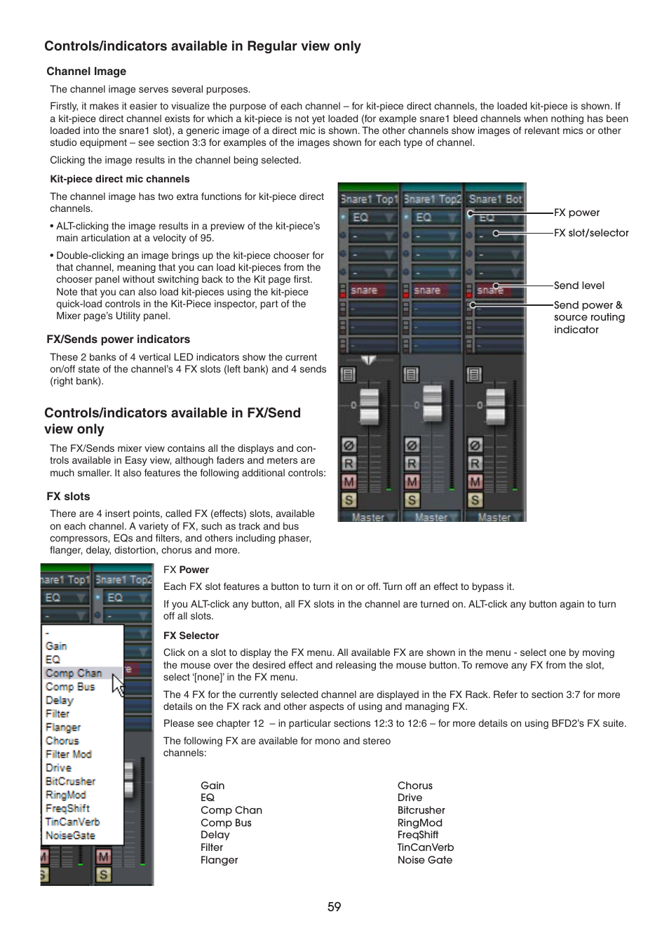 Controls/indicators available in regular view only, Controls/indicators available in fx/send view only | FXpansion BFD2 Manual User Manual | Page 59 / 180