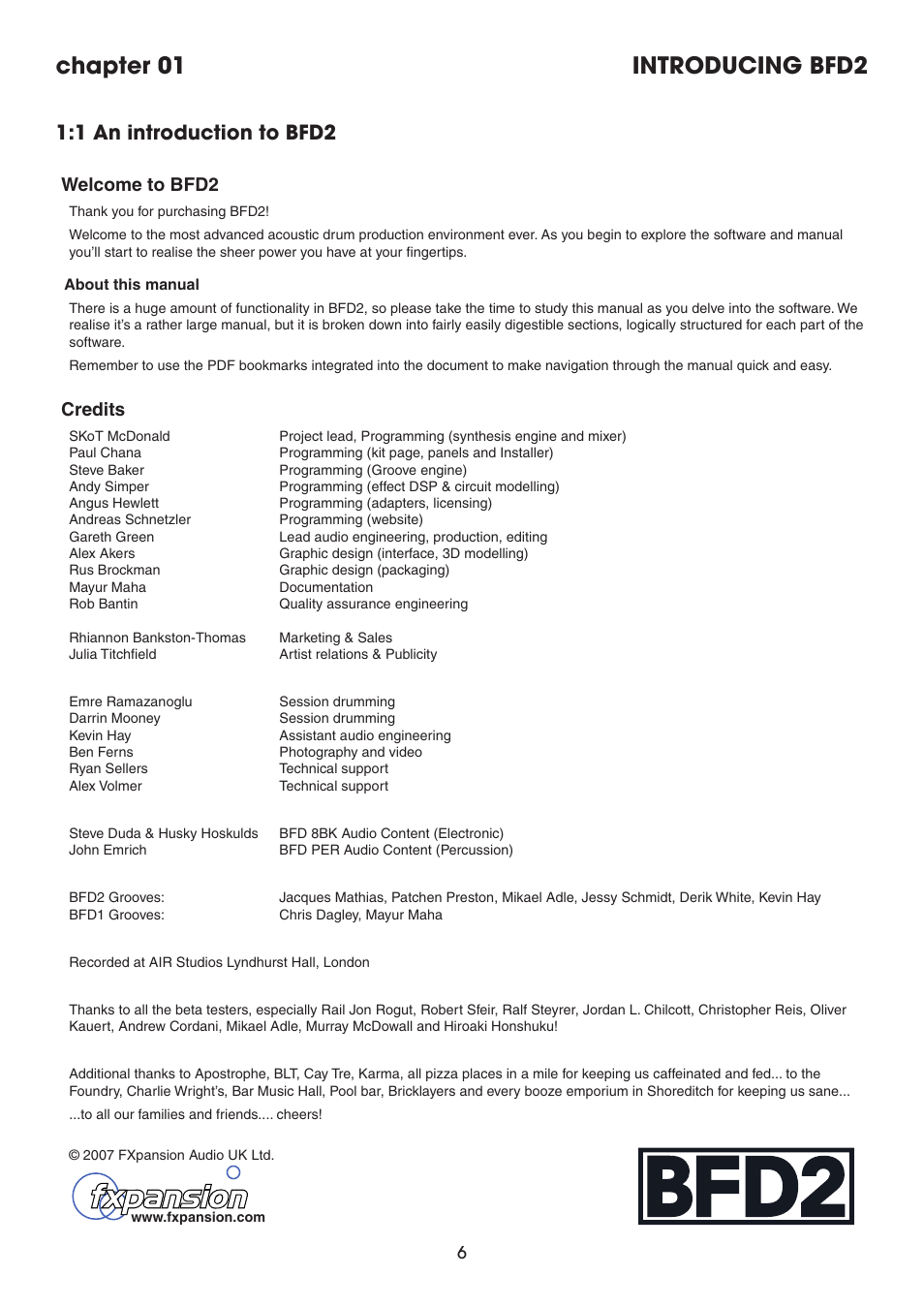 Chapter 01 introducing bfd2, 1 an introduction to bfd2, Welcome to bfd2 | Credits, Chapter 01: introducing bfd2 | FXpansion BFD2 Manual User Manual | Page 6 / 180