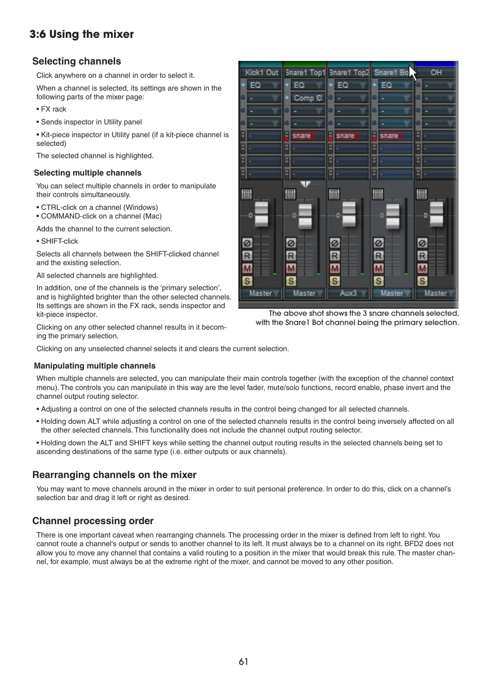6 using the mixer, Selecting channels, Rearranging channels on the mixer | Channel processing order | FXpansion BFD2 Manual User Manual | Page 61 / 180