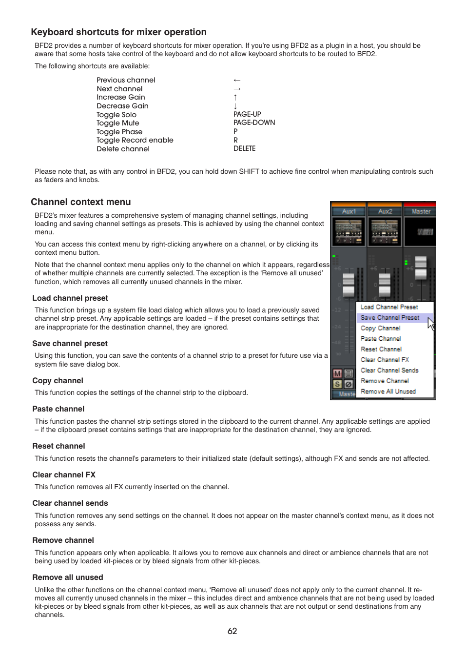 Keyboard shortcuts for mixer operation, Channel context menu | FXpansion BFD2 Manual User Manual | Page 62 / 180