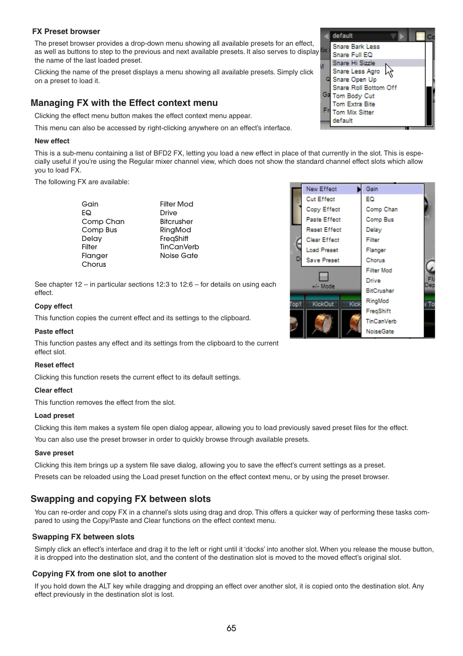 Managing fx with the effect context menu, Swapping and copying fx between slots | FXpansion BFD2 Manual User Manual | Page 65 / 180