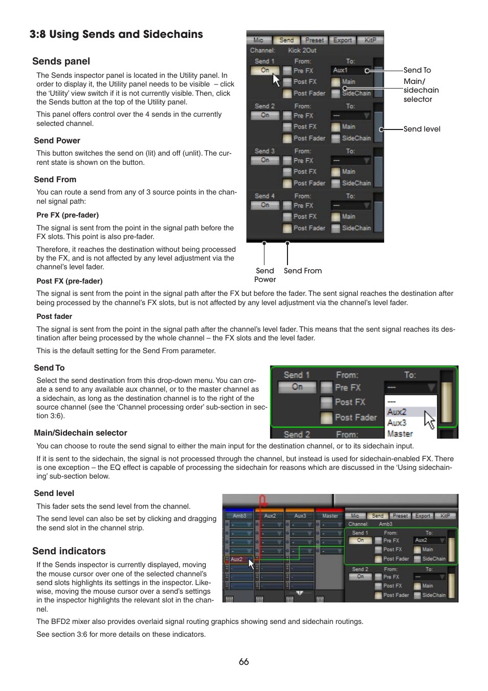 8 using sends and sidechains, Sends panel, Send indicators | FXpansion BFD2 Manual User Manual | Page 66 / 180