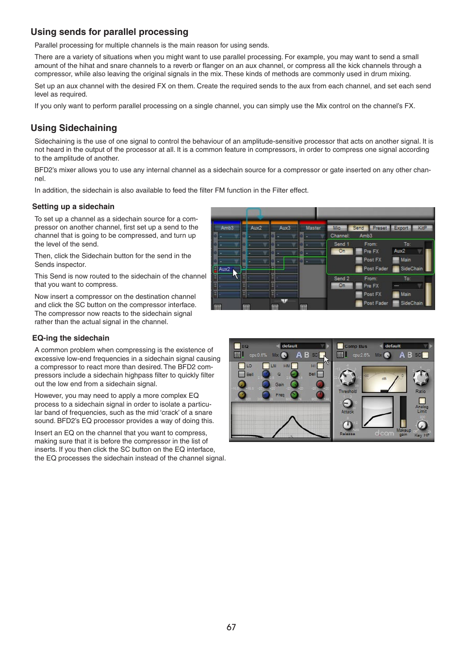 Using sends for parallel processing, Using sidechaining | FXpansion BFD2 Manual User Manual | Page 67 / 180