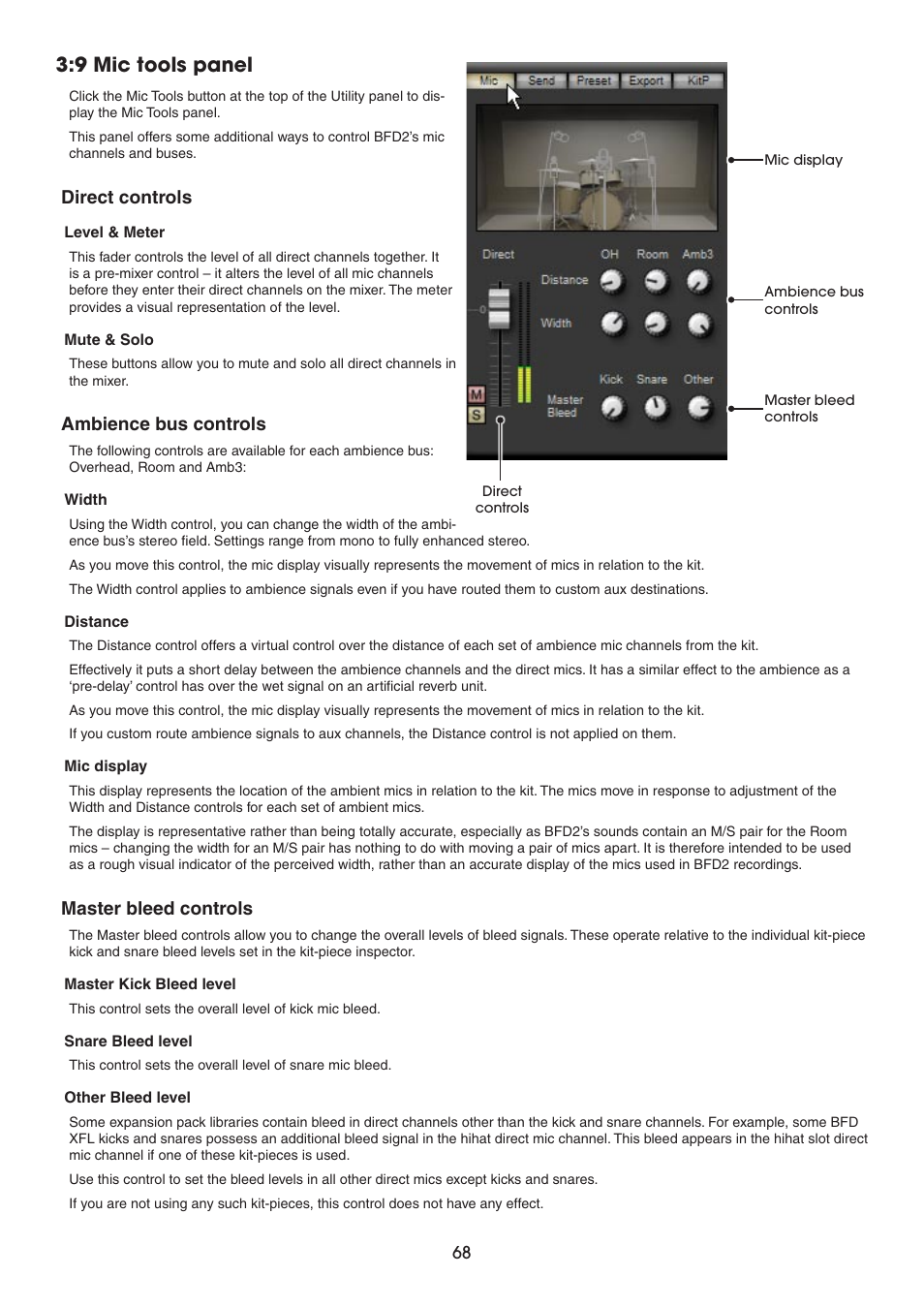 9 mic tools panel, Direct controls, Ambience bus controls | Master bleed controls, Ambience bus control | FXpansion BFD2 Manual User Manual | Page 68 / 180