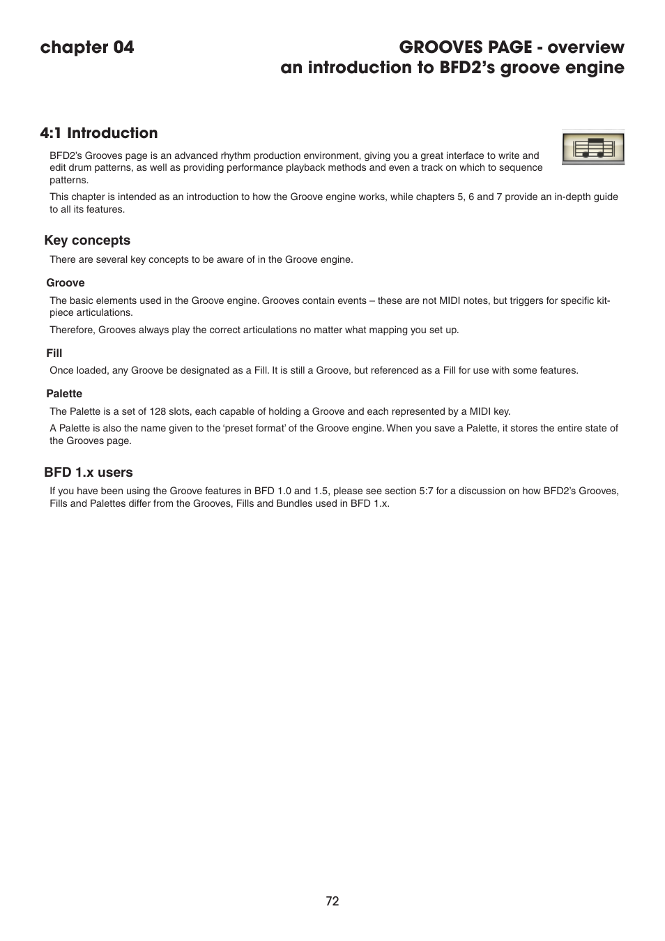 1 introduction, Key concepts, Bfd 1.x users | An introduction to bfd2’s groove engine | FXpansion BFD2 Manual User Manual | Page 72 / 180