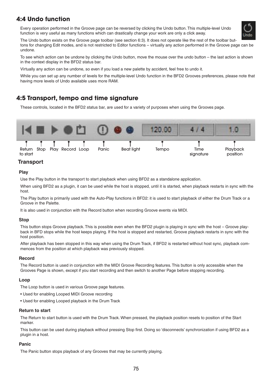 4 undo function, 5 transport, tempo and time signature, Transport | FXpansion BFD2 Manual User Manual | Page 75 / 180