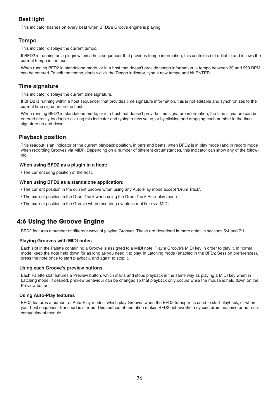 Beat light, Tempo, Time signature | Playback position, 6 using the groove engine | FXpansion BFD2 Manual User Manual | Page 76 / 180